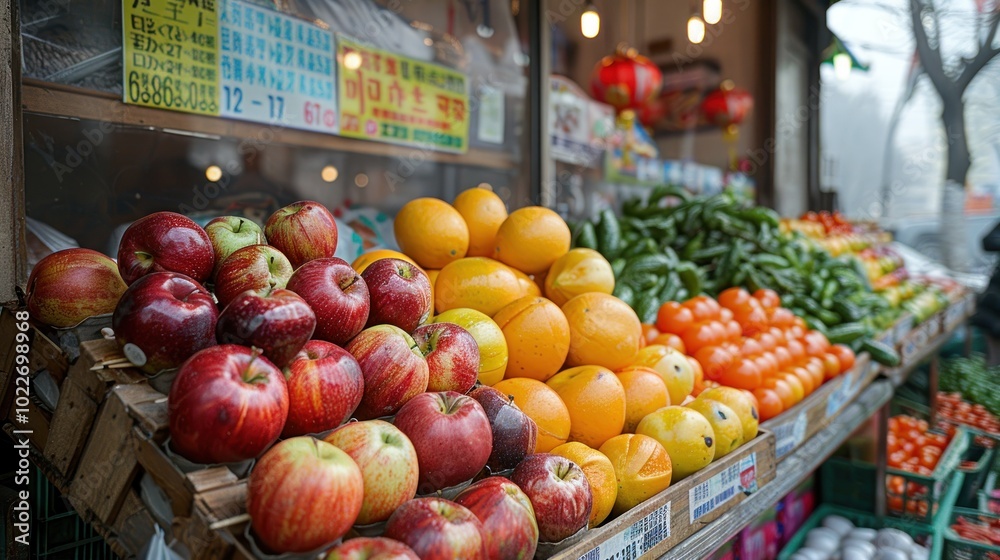 Colorful fruits and vegetables displayed at a vibrant street market in an urban setting during a cloudy afternoon. Generative AI