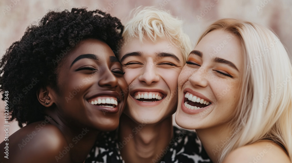Three friends laughing together, showcasing genuine joy and connection. Three friends laughing together, showcasing genuine joy and connection.