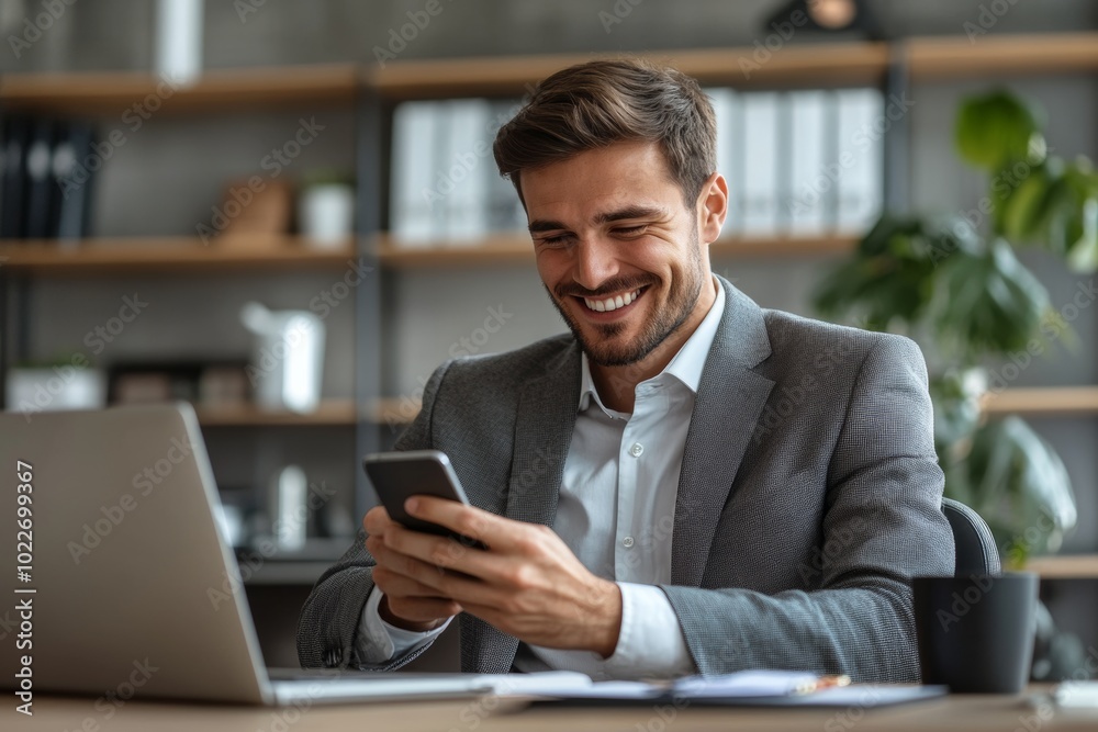A happy businessman in a suit is smiling and looking at his smartphone. He is sitting at his desk in an office and there is a laptop, a cup of coffee, and a notepad in front of him. A happy businessman in a suit is smiling and looking at his smartphone. He is sitting at his desk in an office and there is a laptop, a cup of coffee, and a notepad in front of him.
