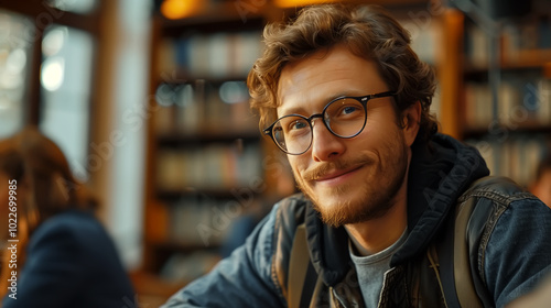 Portrait of group students Eupean guy talking in debate session in school library