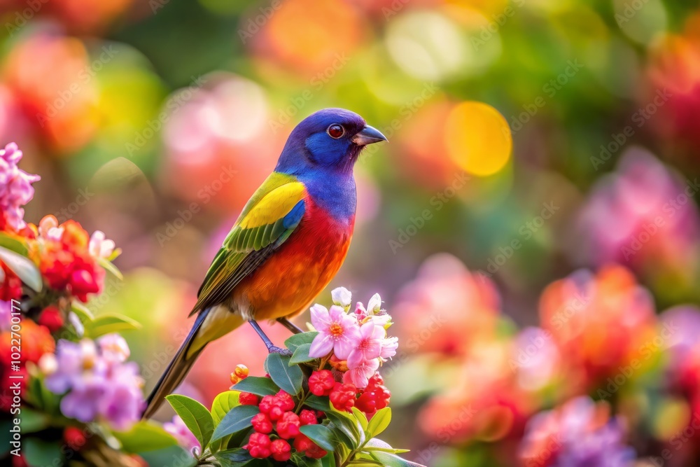 Bird perched on flowering bush in Los Angeles park - Candid Nature Photography Bird perched on flowering bush in Los Angeles park - Candid Nature Photography