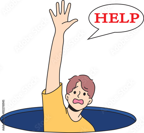 Helpless Man in a Hole Representing Depression and Anxiety. Man Experiencing Panic Attack and Helplessness Illustration. Mental Disorder Concept Man in Despair Raising Hand for Help.