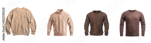 Collection of stylish beige sweaters in various textures and styles.