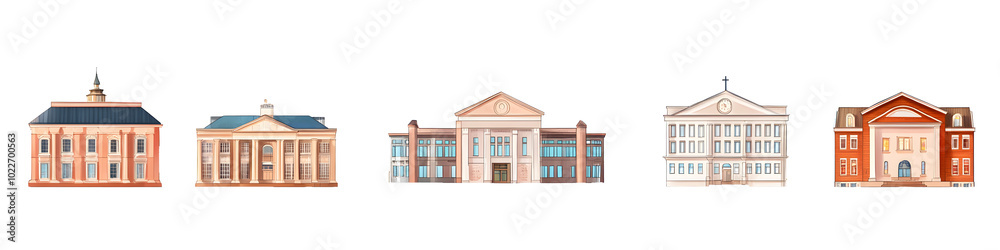 City building illustrations set. Exterior facades of university government school college hotel post office church theatre. Urban infrastructure infographics. City building illustrations set. Exterior facades of university government school college hotel post office church theatre. Urban infrastructure infographics.