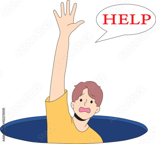 Helpless Man in a Hole Representing Depression and Anxiety. Man Experiencing Panic Attack and Helplessness Illustration. Mental Disorder Concept Man in Despair Raising Hand for Help.