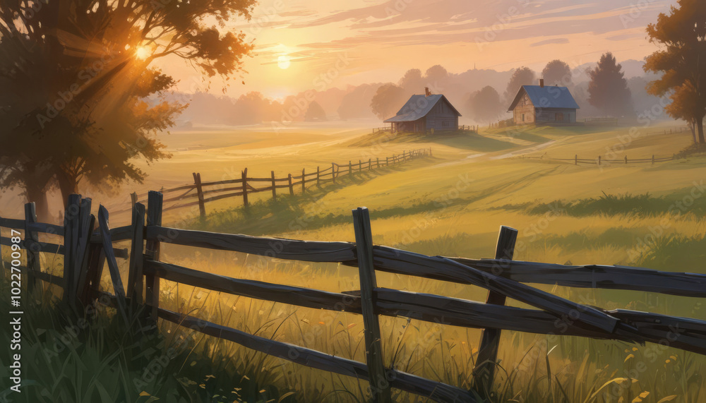 Fototapeta premium Countryside landscape with wooden fence and house