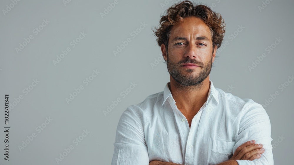 Obraz premium Confident man dressed in white shirt stands with arms crossed against simple gray backdrop. Generative AI