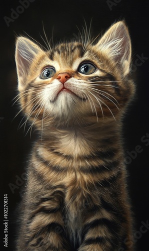 Close-up portrait of a tabby kitten.