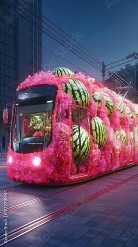 An EyeCatching and Vibrant WatermelonThemed Tram Adorned Beautifully with Pink Decor photo