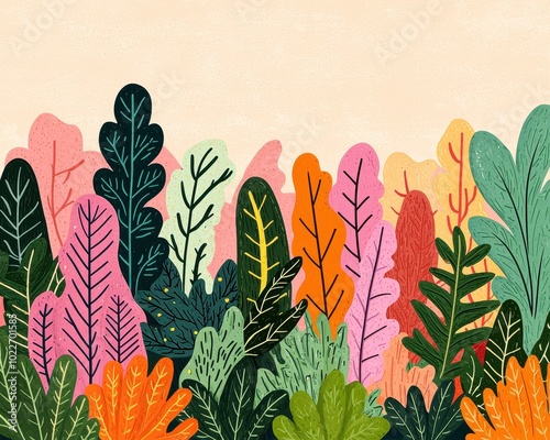 Colorful leaves and foliage on a light background, vibrant and artistic composition.