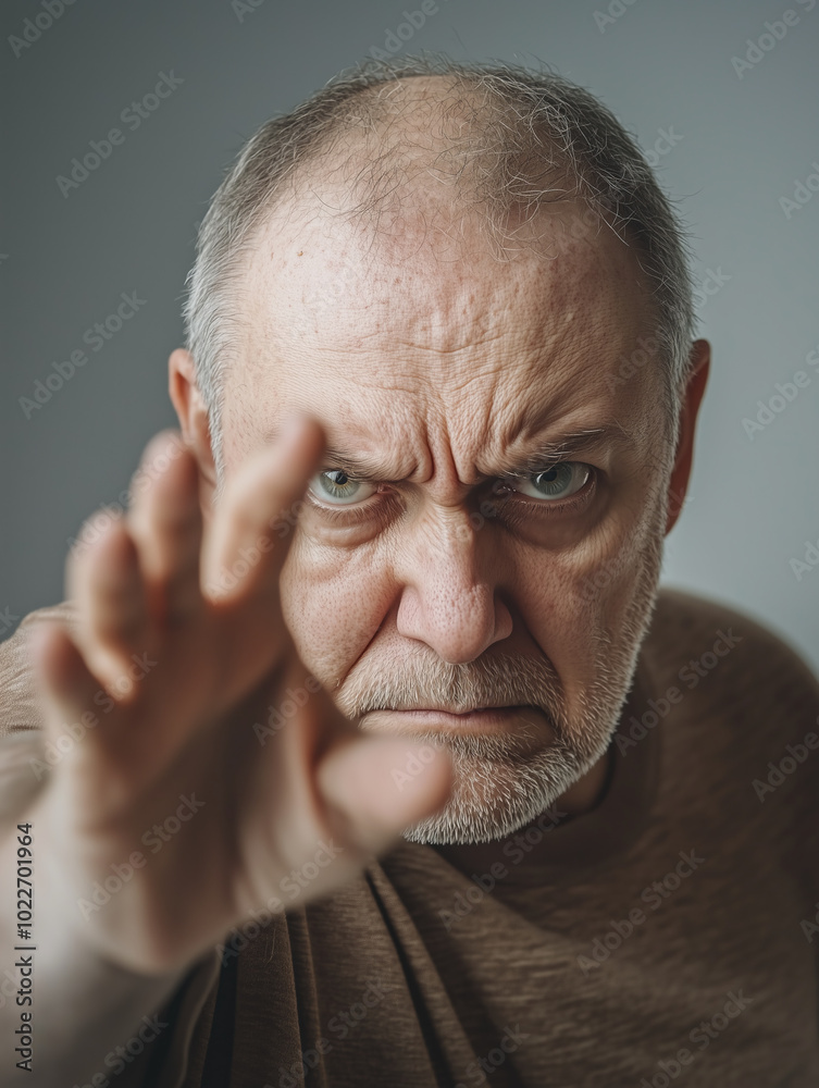 Close-up of an angry, older man with a receding hairline, holding his hand out in front of him. Close-up of an angry, older man with a receding hairline, holding his hand out in front of him.