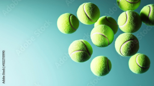 Cluster of bright yellow tennis balls floating against a teal background in a dynamic arrangement suggesting movement.