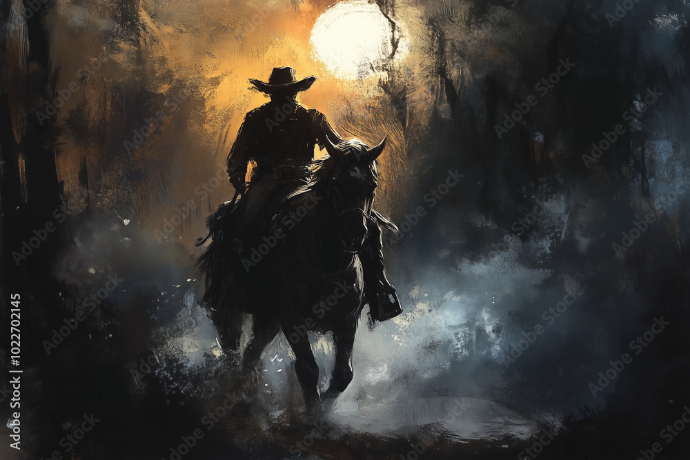 Silhouetted cowboy rides through a misty forest towards the moonlight. Silhouetted cowboy rides through a misty forest towards the moonlight.