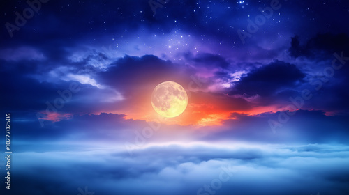 A full moon glows brightly in a starry night sky above a sea of clouds.