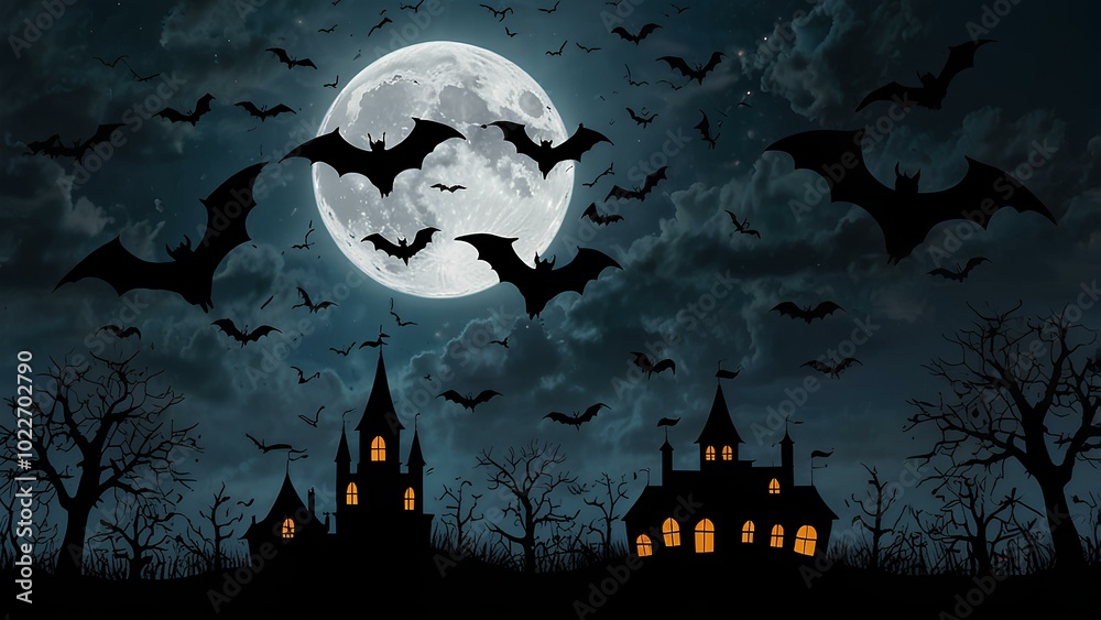 Fototapeta premium Bats Flying Across a Moonlit Sky: Eerie Silhouettes Create a Spooky Atmosphere