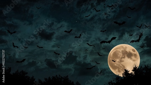 Bats Flying Across a Moonlit Sky: Eerie Silhouettes Create a Spooky Atmosphere photo