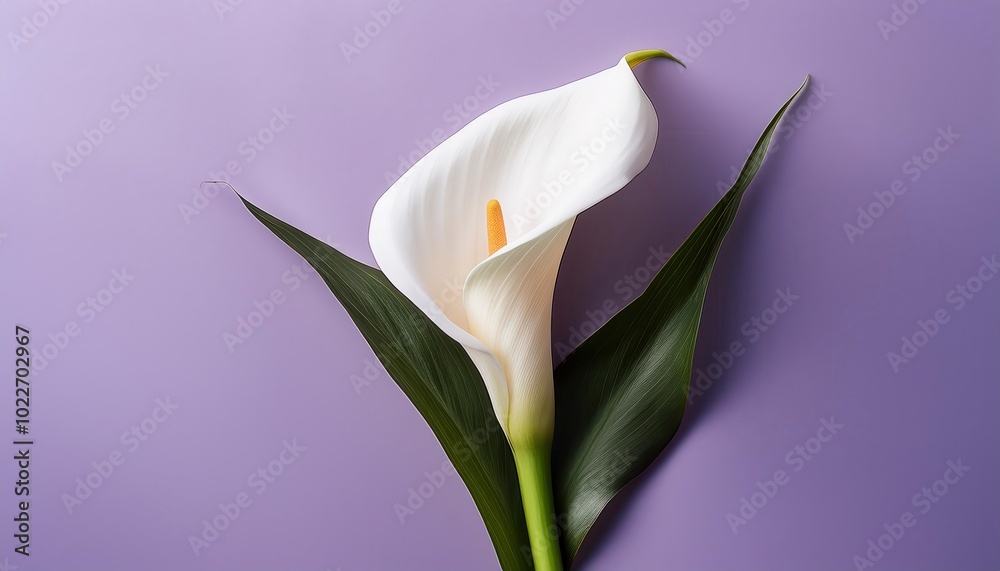 Obraz premium Elegant Close-up of a Pristine White Calla Lily Against Soft Lavender Background Capturing its Graceful Petals and Vibrant Yellow Spadix
