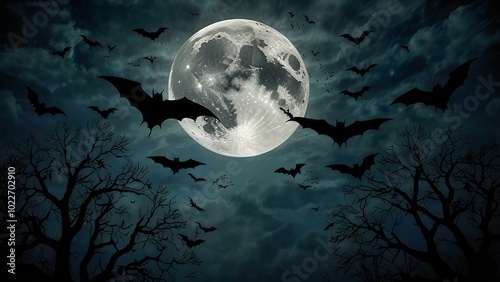 Bats Flying Across a Moonlit Sky: Eerie Silhouettes Create a Spooky Atmosphere photo