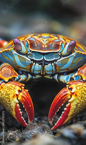 Colorful crab with large claws.