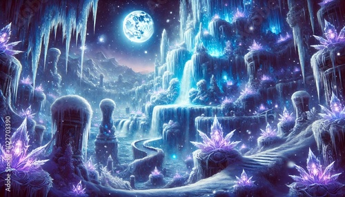 A Mystical Ice Palace with Radiant Crystals Under the Moonlit Sky, Depicting a Frozen Wonderland with Cascading Icefalls and Glowing Flora photo