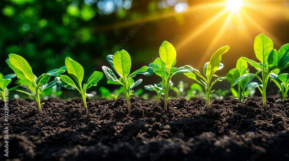 Young green sprouts growing in rich soil with sunlight shining through.