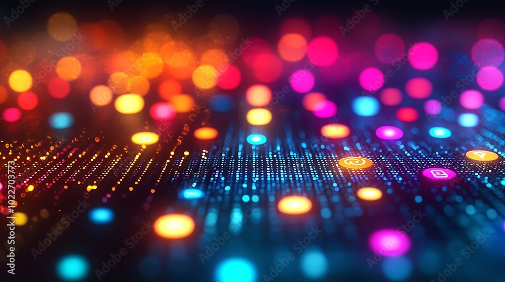 Abstract Digital Technology Background with Colorful Bokeh Lights and Social Media Icons Abstract Digital Technology Background with Colorful Bokeh Lights and Social Media Icons