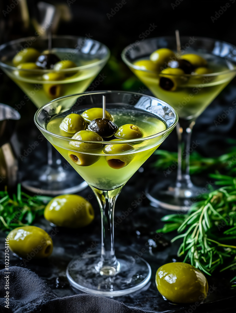Three martini glasses filled with green olives and a sprig of rosemary. Three martini glasses filled with green olives and a sprig of rosemary.