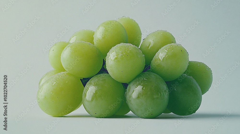 Fresh green grapes with water droplets on a white background.