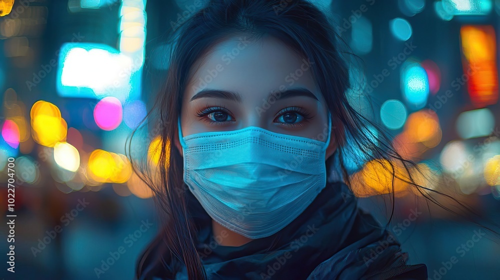 Focused shot of a woman in a mask, surrounded by the glowing cityscape, highlighting themes of urban life and protection