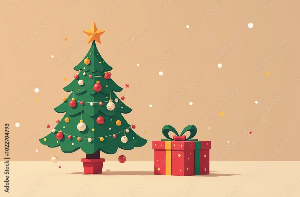 A Christmas tree with a star and a box with a bow on top of it A Christmas tree with a star and a box with a bow on top of it