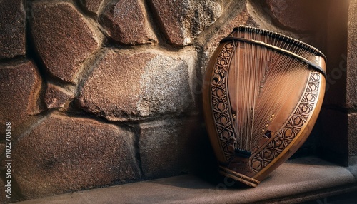 A traditional tambura with intricate carvings leaning against a sandstone wall in an ancient temple. photo