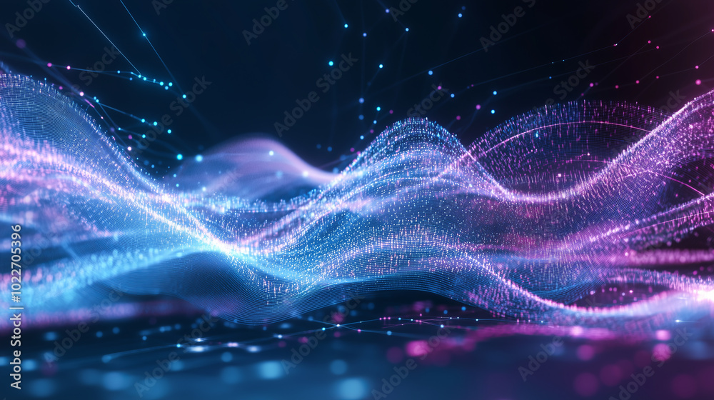 Abstract blue and purple glowing particles forming waves. Abstract blue and purple glowing particles forming waves.