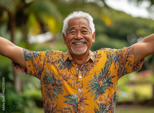 A happy, senior Asian man with a white beard and gray hair smiles and spreads his arms wide, enjoying a beautiful day in a tropical environment. photo