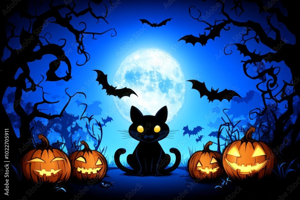 Cute Black Cat with Pumpkins Under a Full Moon