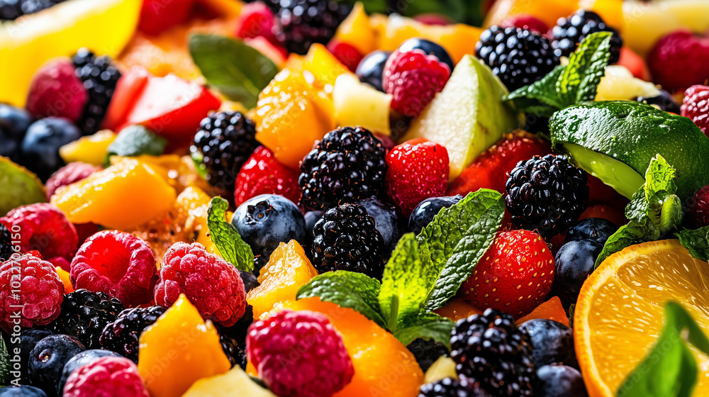 A vibrant fruit salad featuring fresh berries, citrus, and mint leaves.