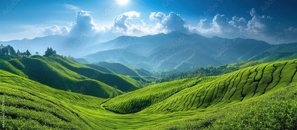 Obraz premium Lush green tea plantation in rolling hills with a bright blue sky and fluffy white clouds.