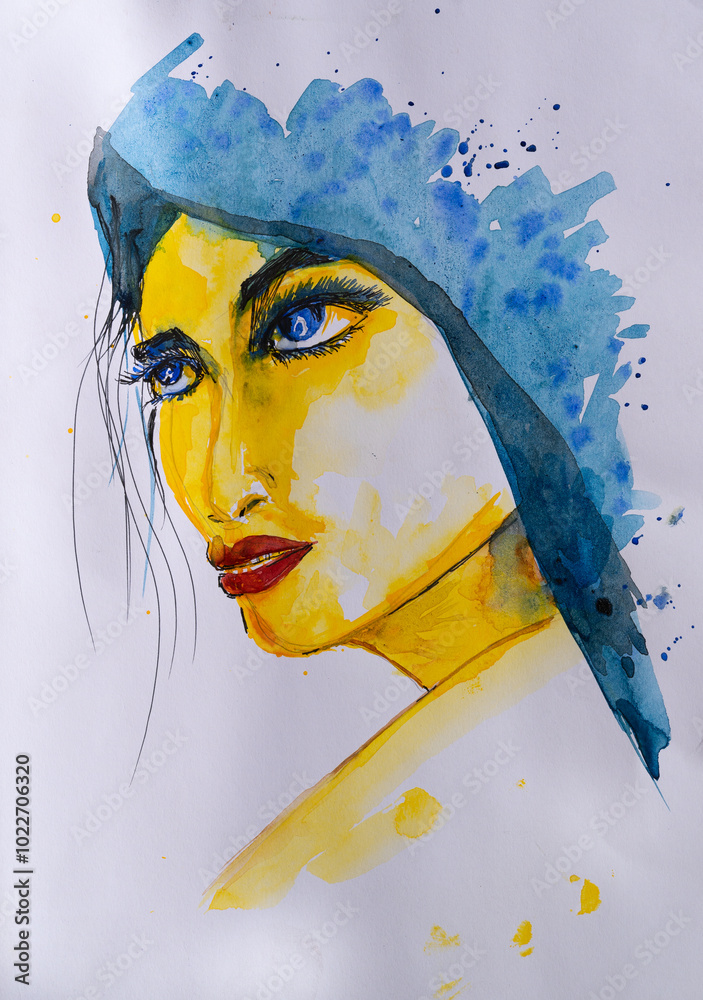 Watercolour portrait of an Indian woman. Hand painted watercolor art created with watercolor paint and brushes.