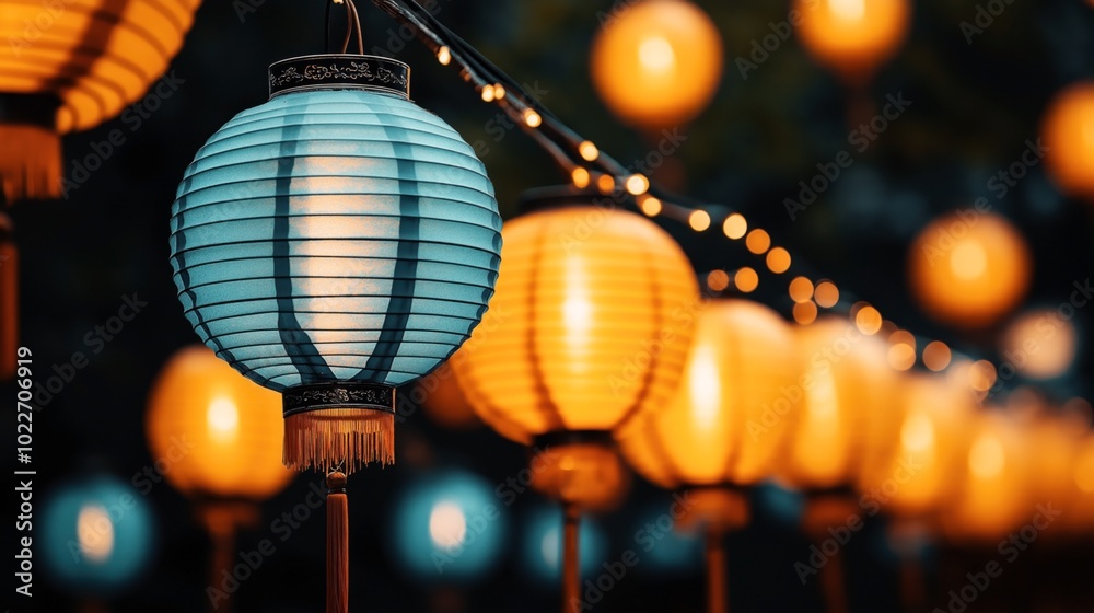 Close-up of illuminated traditional paper lanterns with blue and orange colors, hanging in a row at night, creating a festive ambiance in outdoor setting. Close-up of illuminated traditional paper lanterns with blue and orange colors, hanging in a row at night, creating a festive ambiance in outdoor setting.