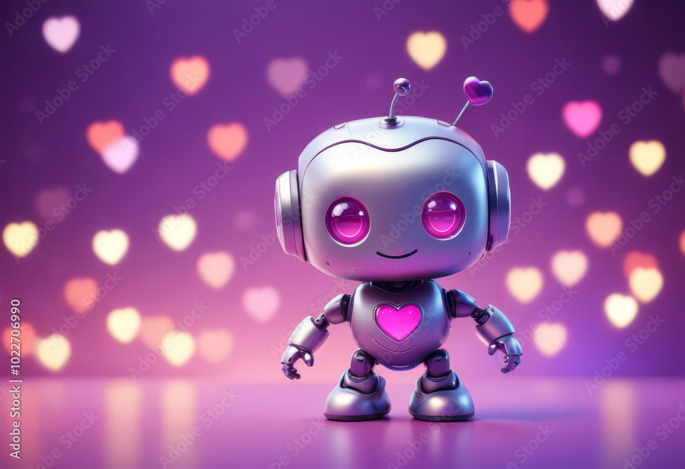Cartoon robot with a heart on his chest, on a glowing background Cartoon robot with a heart on his chest, on a glowing background