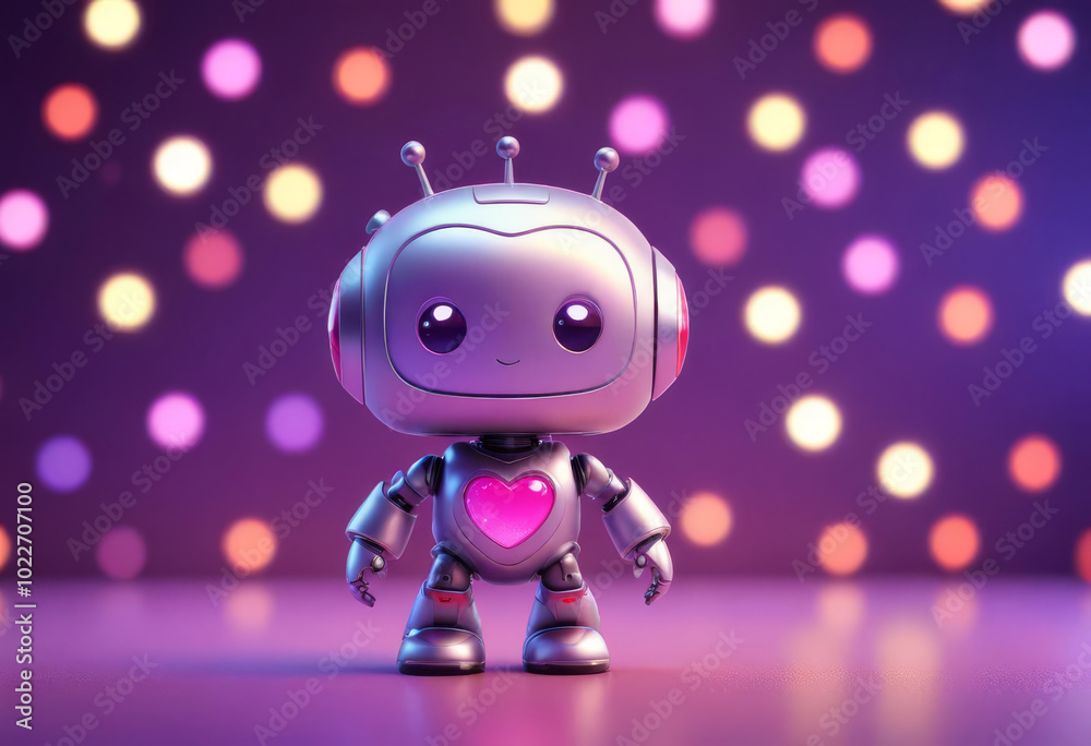 Cartoon robot with a heart on his chest, on a glowing background Cartoon robot with a heart on his chest, on a glowing background