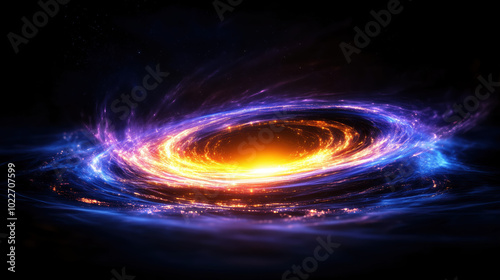 stunning cosmic scene featuring vibrant galaxy with swirling colors of purple, blue, and orange, radiating bright central light. This mesmerizing image captures beauty and mystery of universe