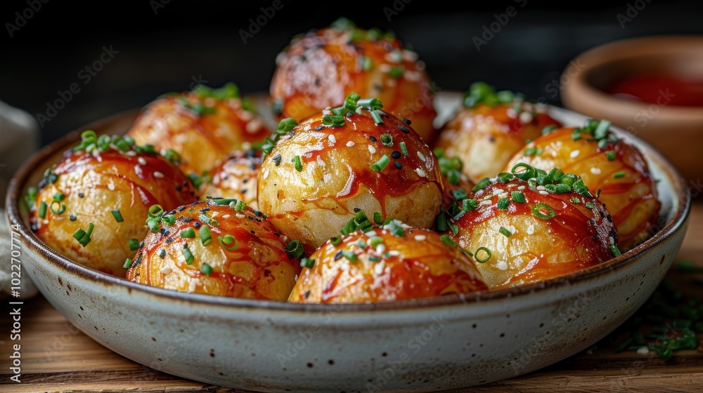 Deliciously garnished takoyaki served in a rustic bowl, showcasing perfect texture and vibrant flavors. Generative AI Deliciously garnished takoyaki served in a rustic bowl, showcasing perfect texture and vibrant flavors. Generative AI