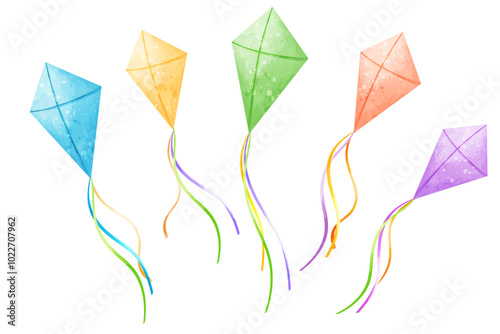 Vector set of colorful kites. Soaring kite isolated on white