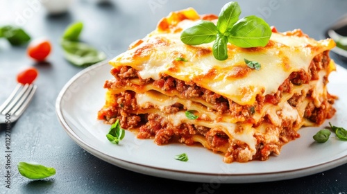 Delicious Lasagna on a White Plate with Fresh Herbs