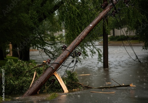 Damaged power lines in storm aftermath scene highlighting severe weather impact