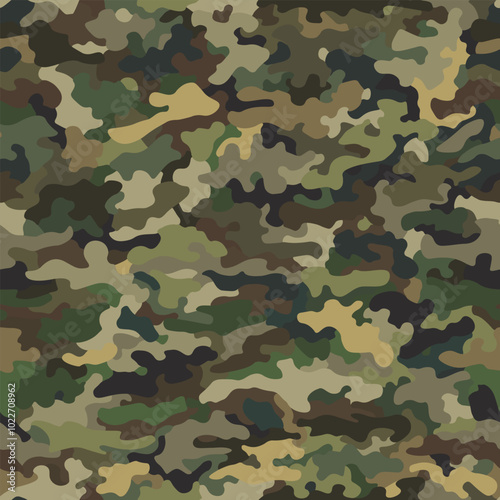 Camouflage classic seamless pattern. Khaki swamp color. Military hunting camo.