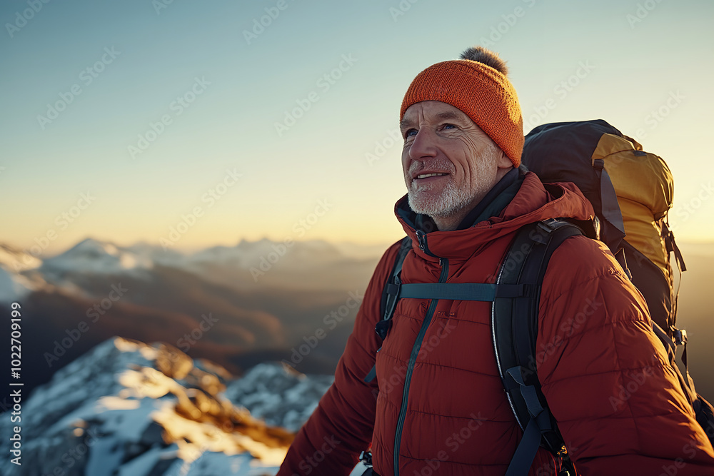 Senior Man Celebrating Summit Achievement at Sunrise Senior Man Celebrating Summit Achievement at Sunrise