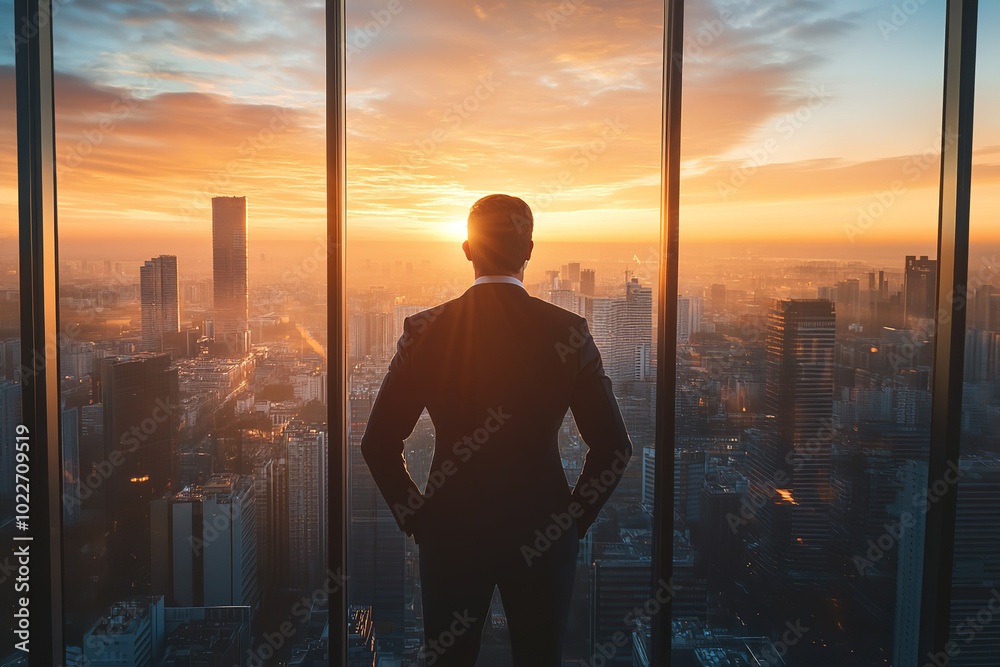 Successful Businessman Overlooking City Skyline at Sunset Successful Businessman Overlooking City Skyline at Sunset
