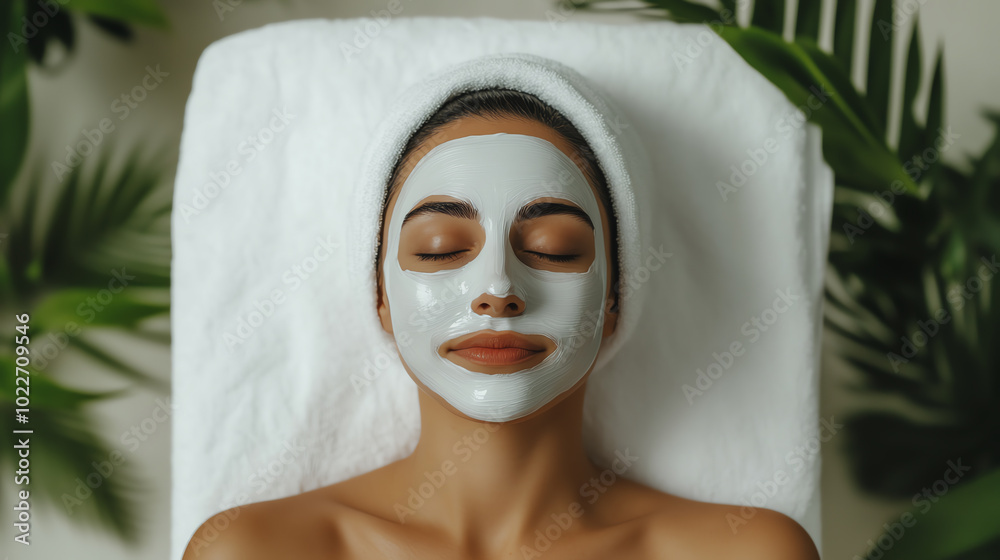 A serene woman relaxing with a facial mask, surrounded by lush greenery, conveying a sense of calm and self-care in a spa-like atmosphere. A serene woman relaxing with a facial mask, surrounded by lush greenery, conveying a sense of calm and self-care in a spa-like atmosphere.