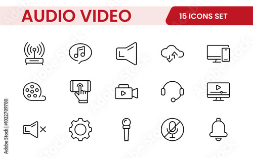 Audio Video Icons Pack. Thin line icons set. Flat icon collection set. Simple outline icons.